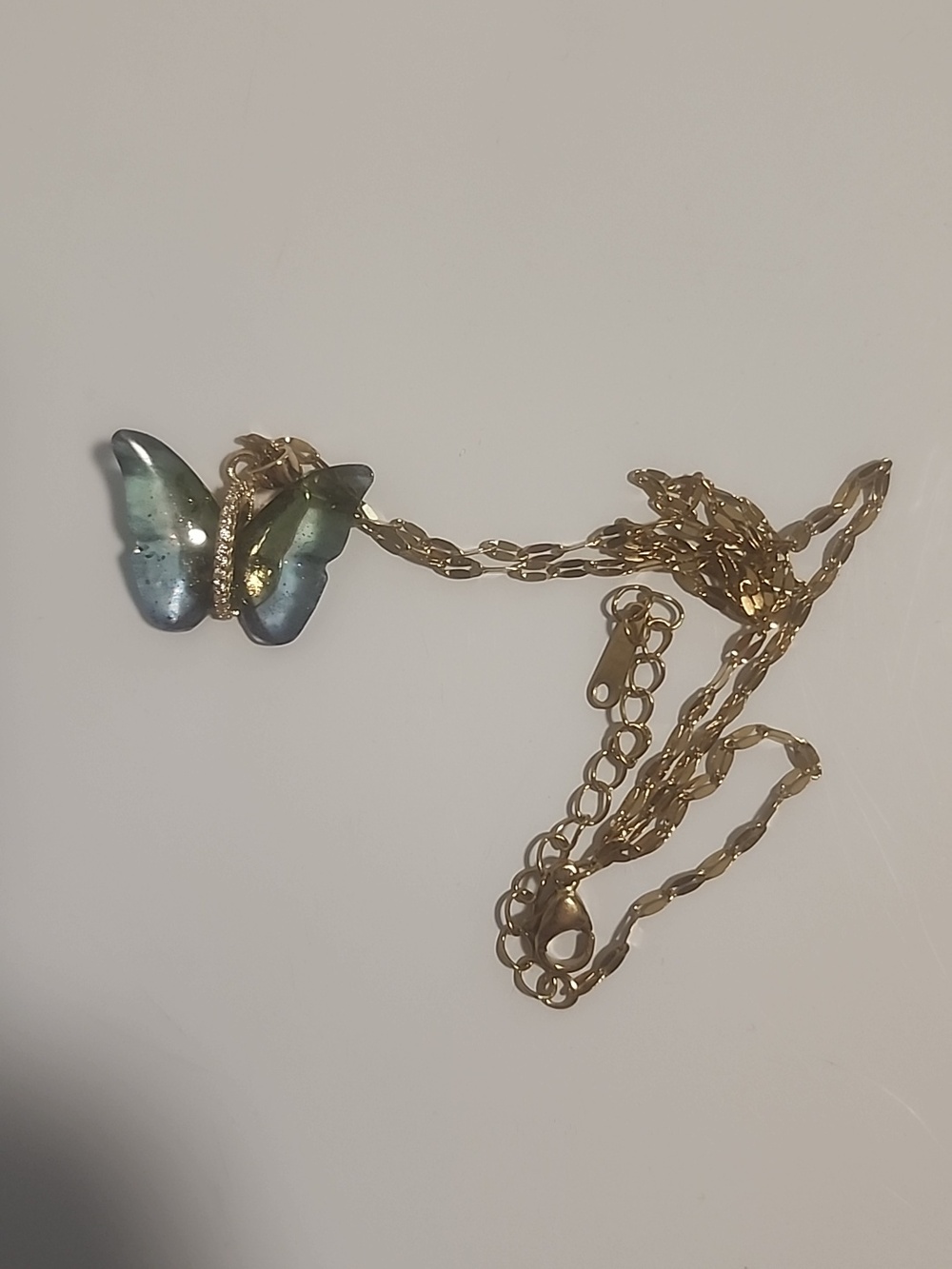 Stainless Steel Gold Plated Butterfly Pendant Necklace with Iridescent Wings